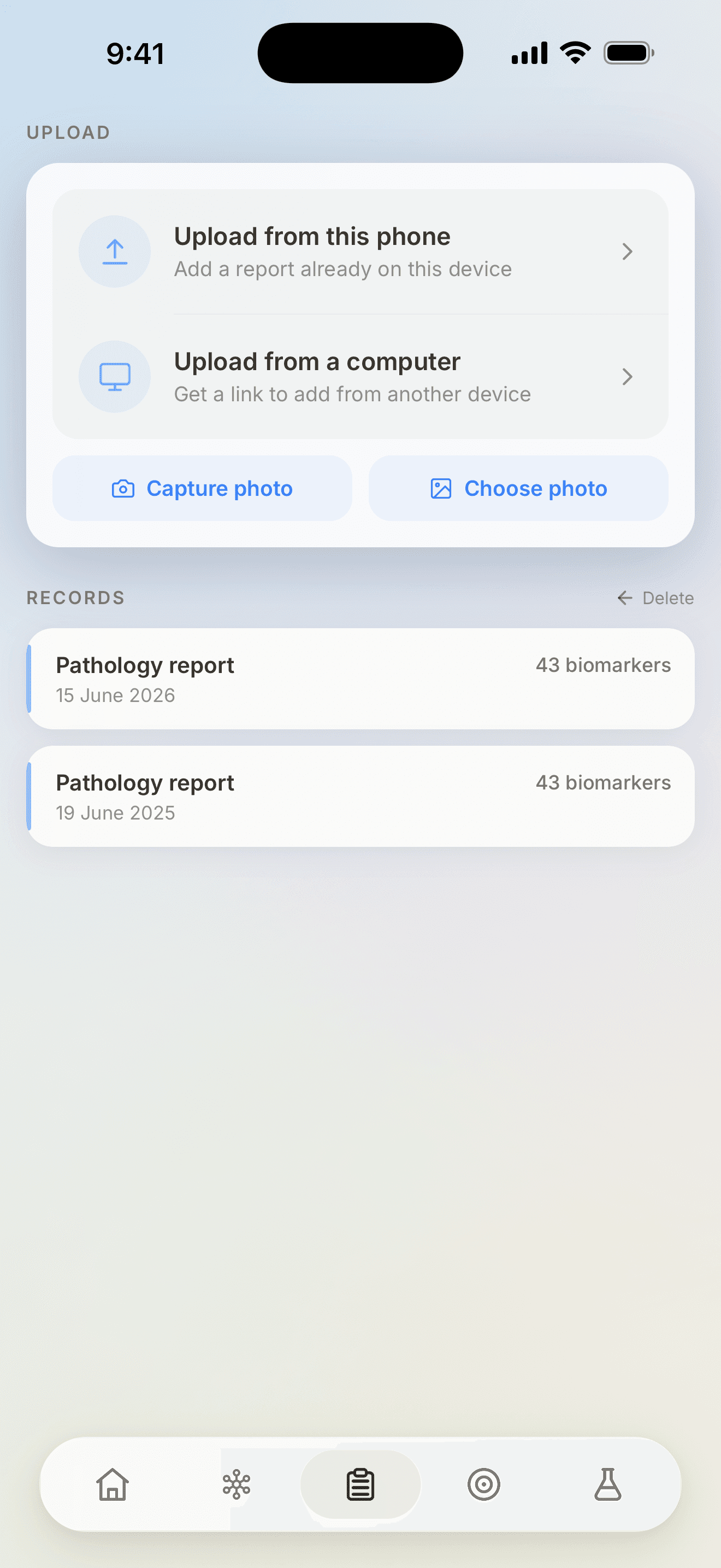 Vector Records showing two saved pathology reports with their collection dates
